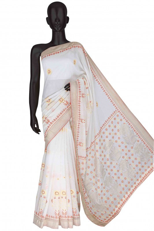 Ada Hand Embroidered Cream Chanderi Lucknowi Chikankari Saree With Blouse- A437929