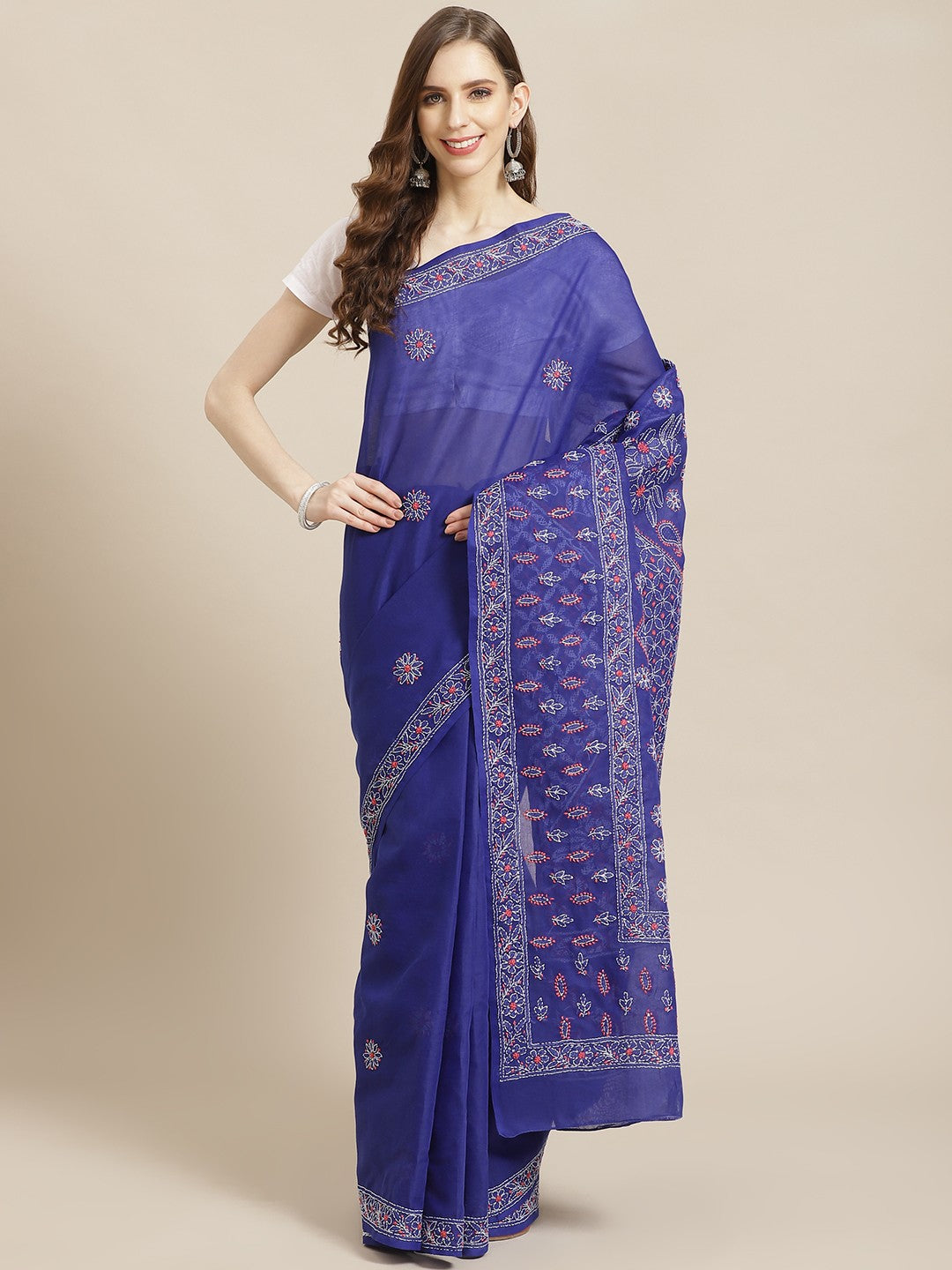 Ada Hand Embroidered Royal Blue Cotton Lucknow Chikan Saree With Blouse-A311215