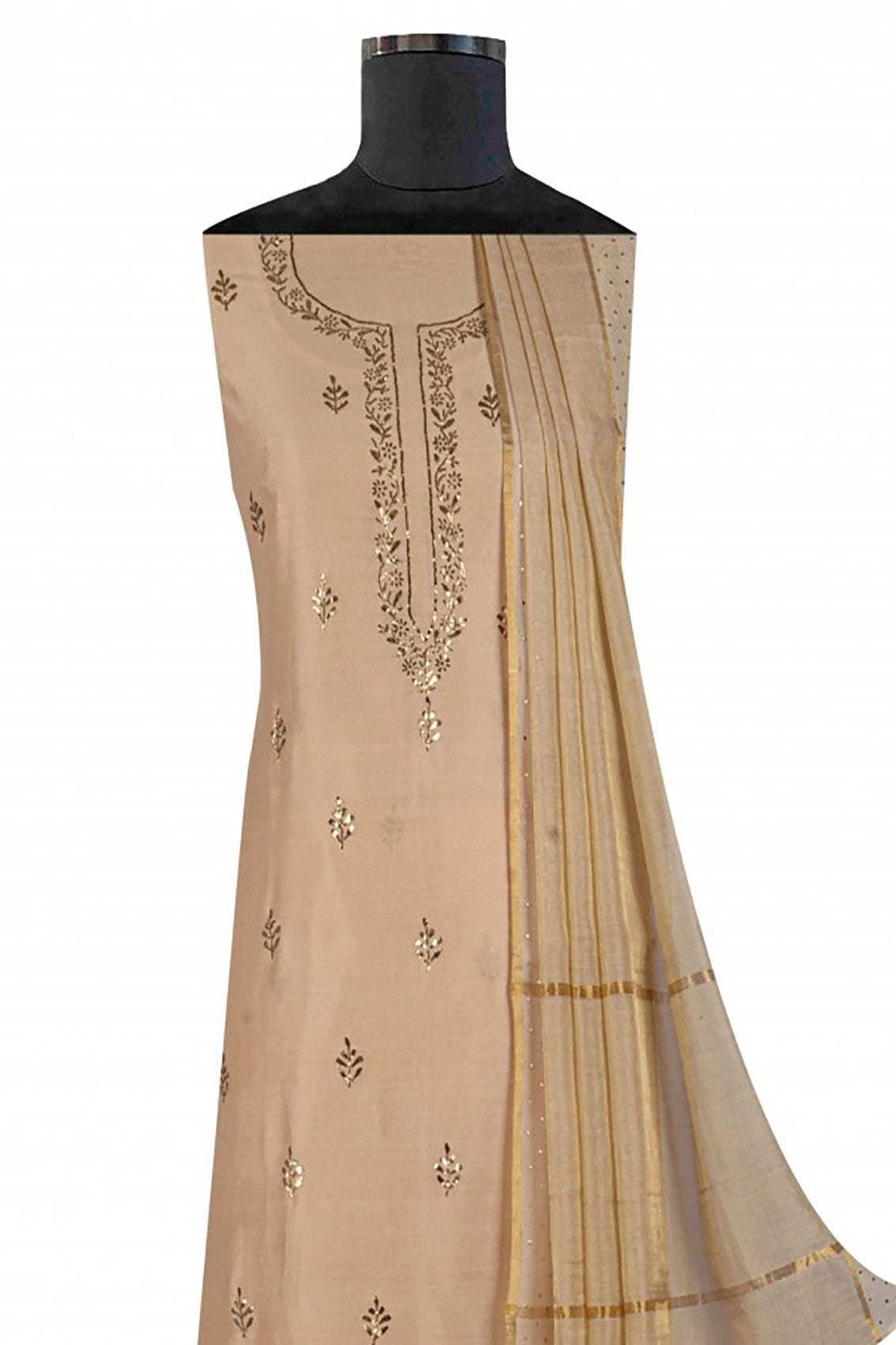 Ada Hand Embroidered Fawn Chanderi Lucknowi Chikankari Unstitched Suit Piece With Gota Patti Work A507952
