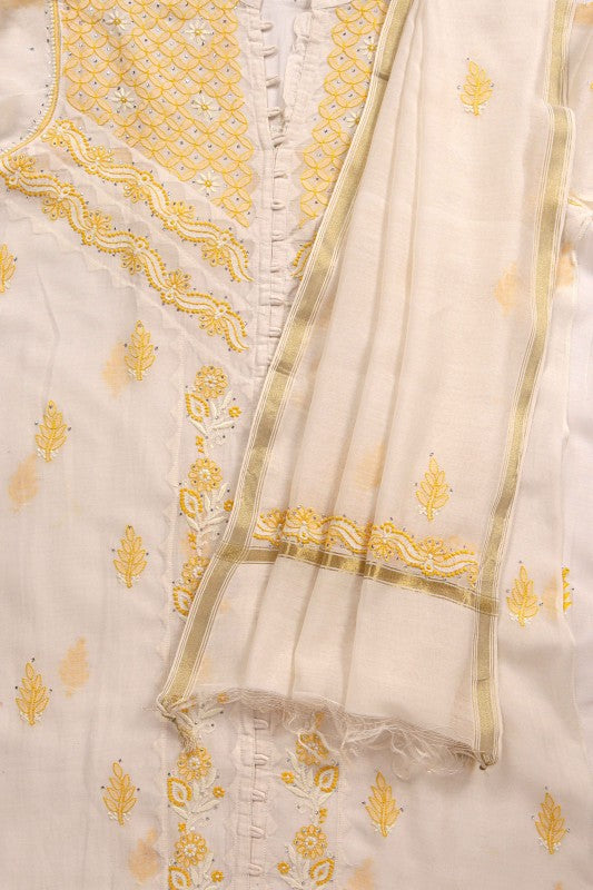 Ada Hand Embroidered White Chanderi Lucknowi Chikankari Unstitched Kurta Dupatta Set With Muqaish Work A326791