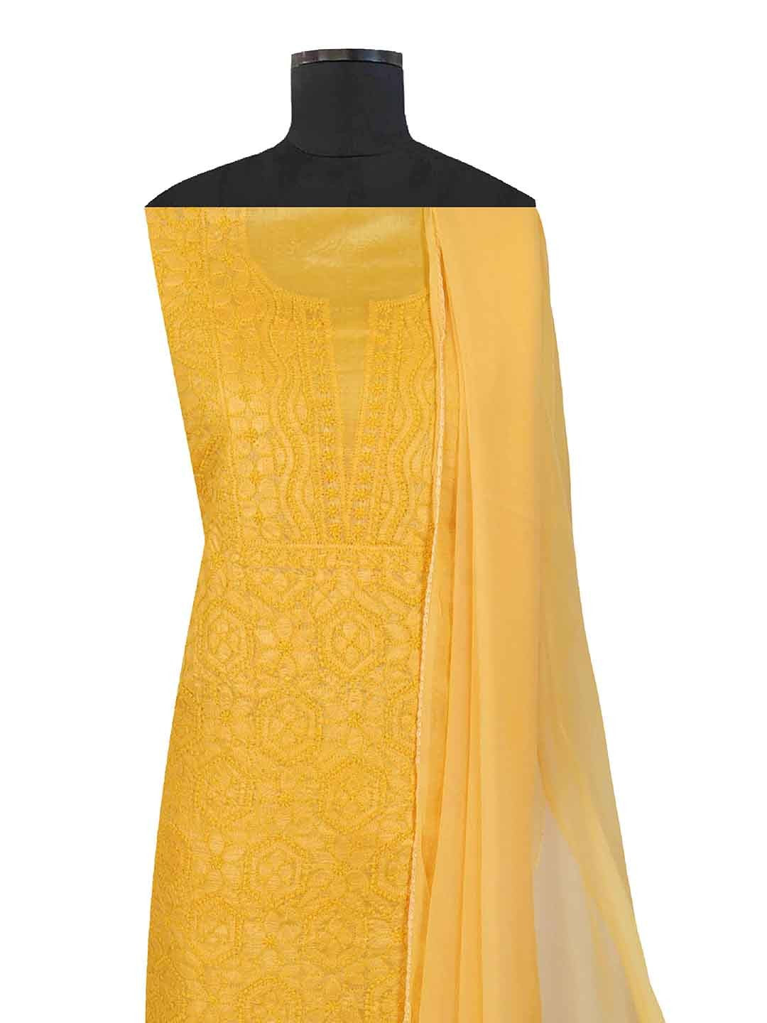 Ada Hand Embroidered Yellow Silk Lucknowi Chikankari Unstitched Suit Piece 01A167144