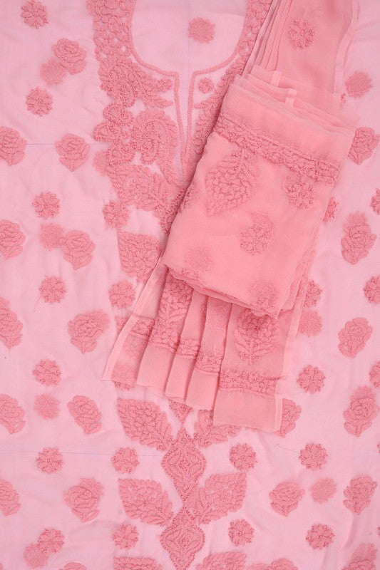 Ada Hand Embroidered Peach Georgette Lucknowi Chikan Unstitched Suit Piece A211219