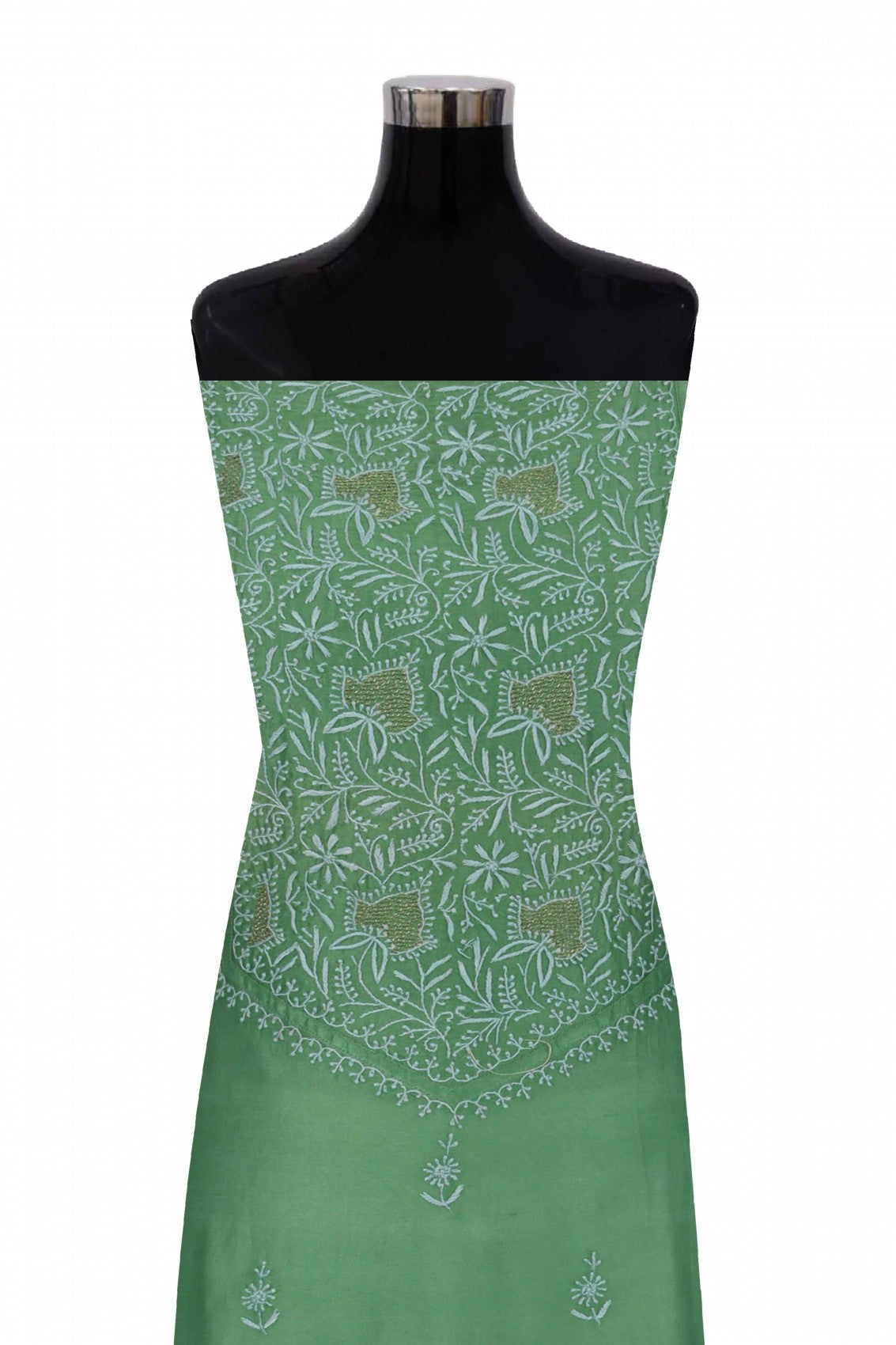 Ada Hand Embroidered Pickle Green Chanderi Lucknowi Chikankari Semi-stitched Kurta Dupatta Set With Zari Work 01A129514