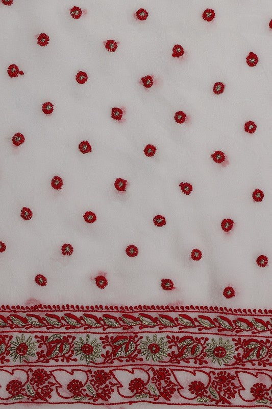 Ada Hand Embroidered White Pure Georgette Lucknowi Chikan Unstitched Kurta Dupatta Set A154970