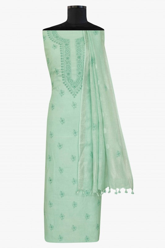 Ada Hand Embroidered Pista Green Linen Lucknowi Chikankari Unstitched Kurta Dupatta–A622077