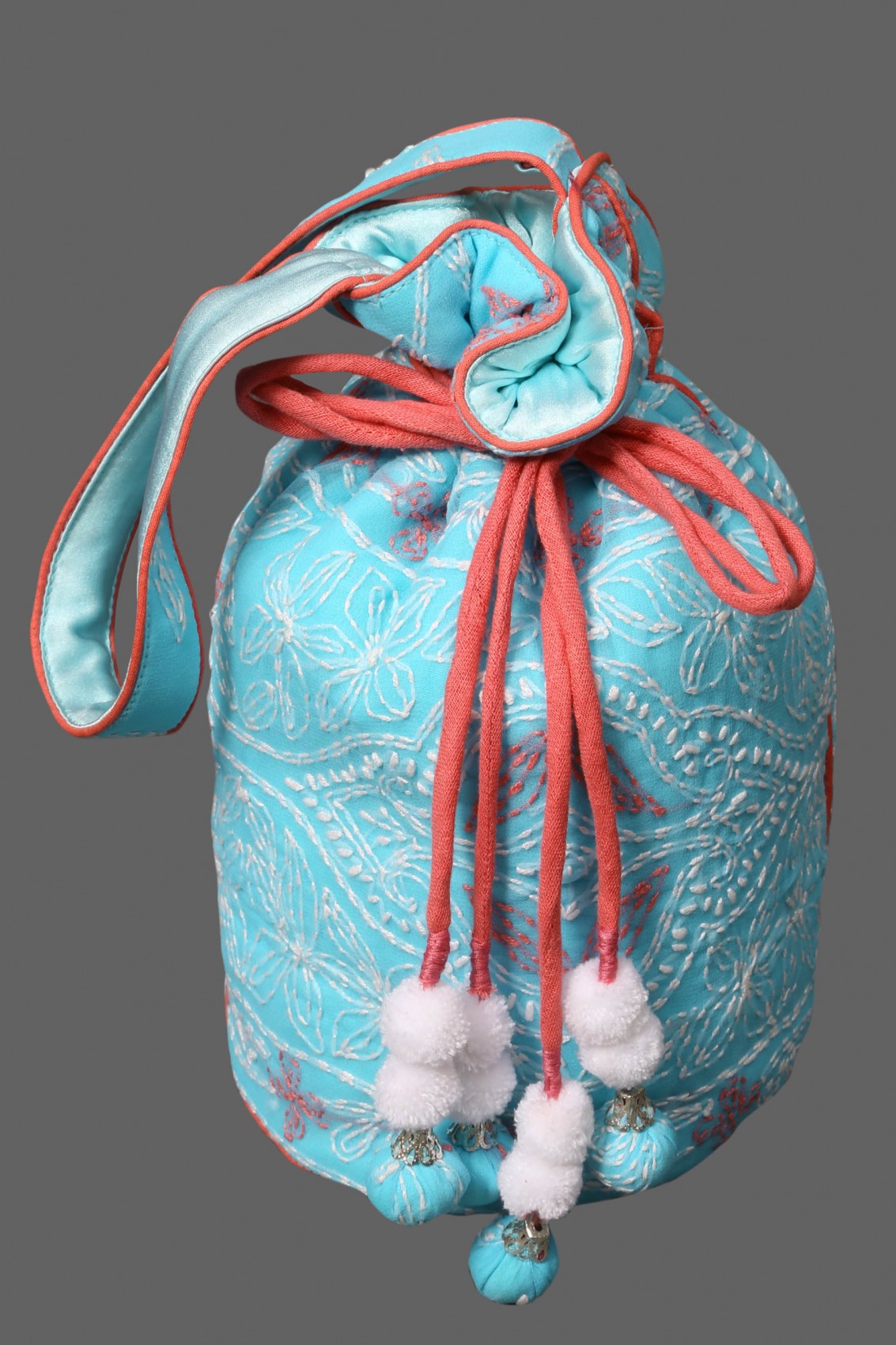 Ada Hand Embroidered Sky Blue Georgette Lucknowi Chikankari Potli Bag 01A115706