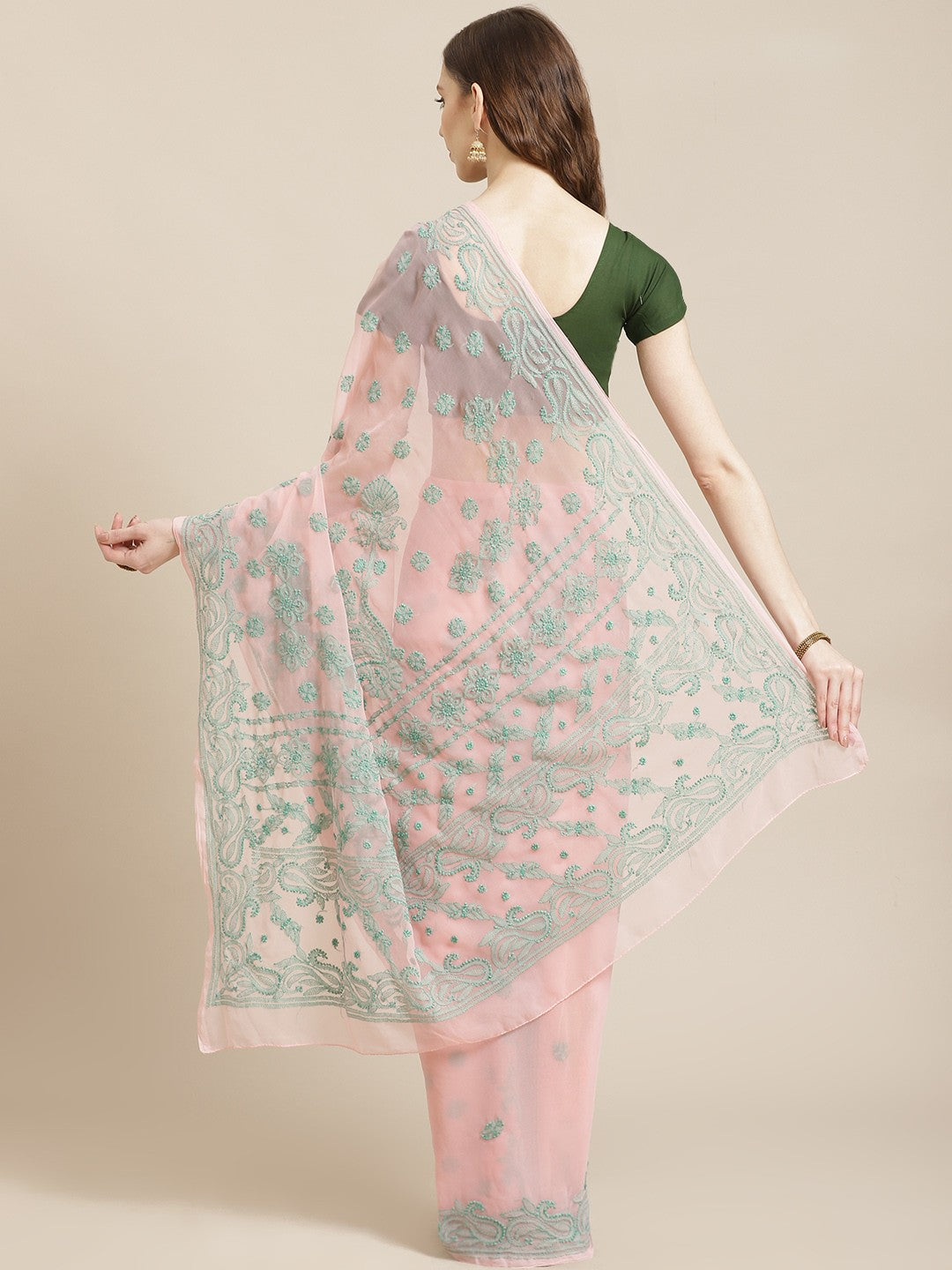 Ada Hand Embroidered Peach Georgette Lucknow Chikan Saree with Blouse A311195