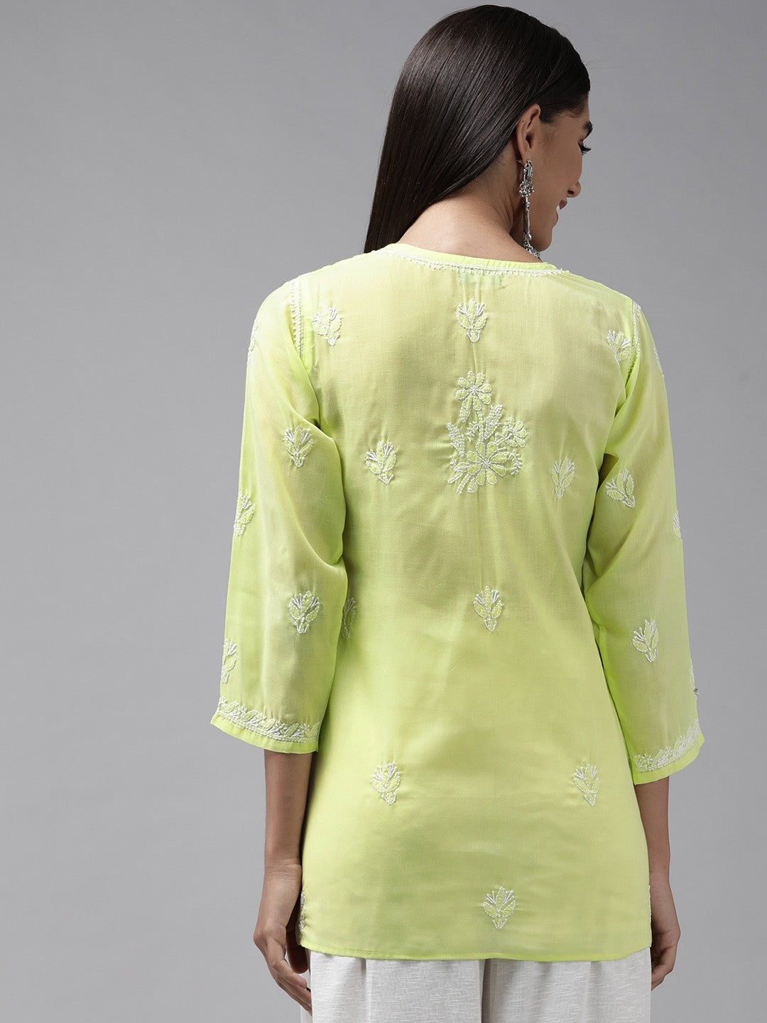Ada Hand Embroidered Lime Green Cotton Lucknowi Chikankari Straight Kurti A911246