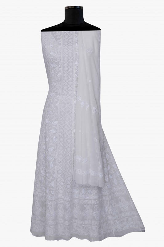 Ada Hand Embroidered White Pure Georgette Lucknowi Chikankari Semi-stitched Anarkali Kurta Dupatta – A583363