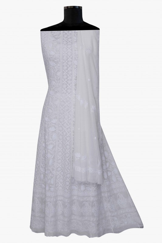 Ada Hand Embroidered White Pure Georgette Lucknowi Chikankari Semi-stitched Anarkali Kurta Dupatta – A583363