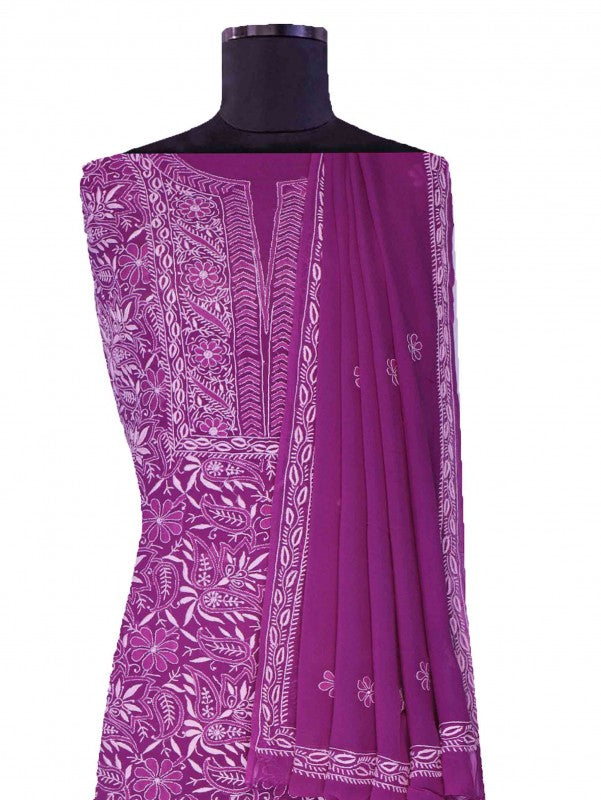 Ada Hand Embroidered Purple Pure Georgette Lucknowi Chikan Unstitched Suit Piece-A478439