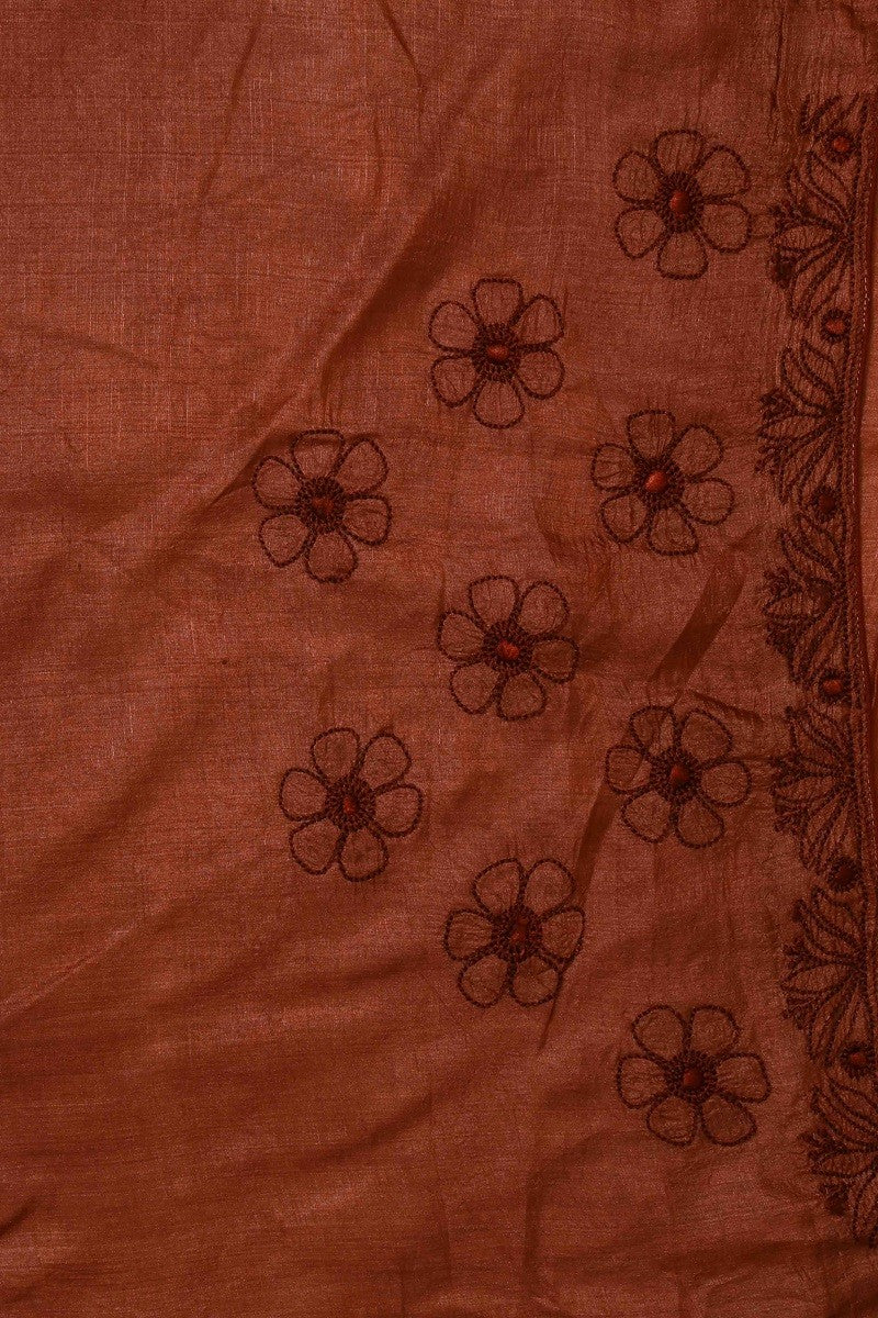 Ada Hand Embroidered Rust Tusser Silk Lucknowi Chikankari Saree With Blouse - A485266