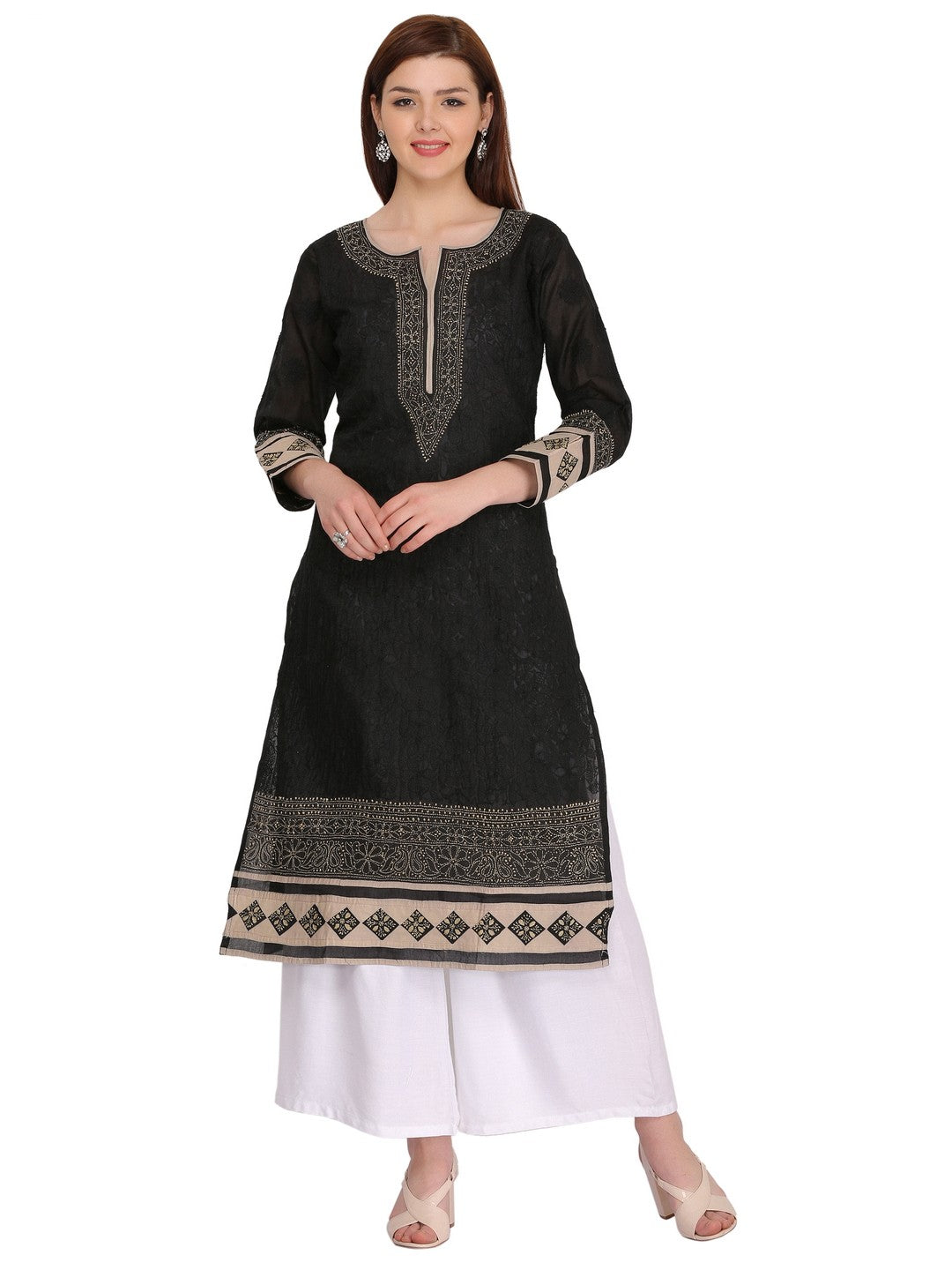 Ada Hand Embroidered Black Cotton Lucknowi Chikankari Straight Kurta- A273556
