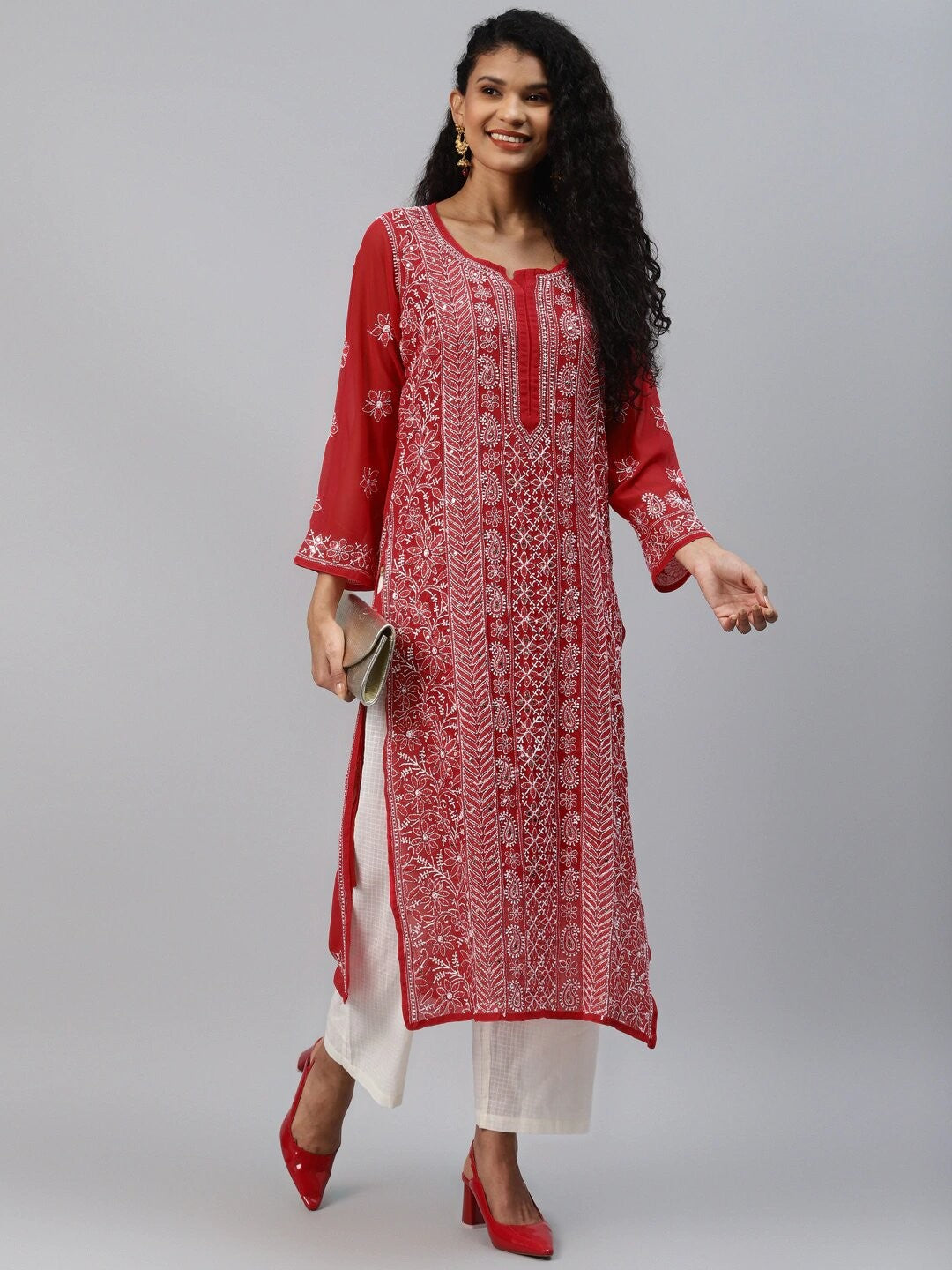 Ada Hand Embroidered Red Georgette Lucknow Chikankari Straight Kurta/Slip with Muqaish Work A411219