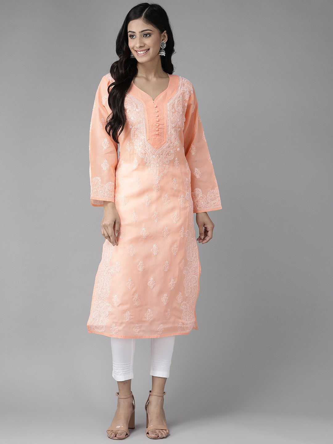 Ada Hand Embroidered Peach Cotton Lucknowi Chikankari Kurta Set A811185