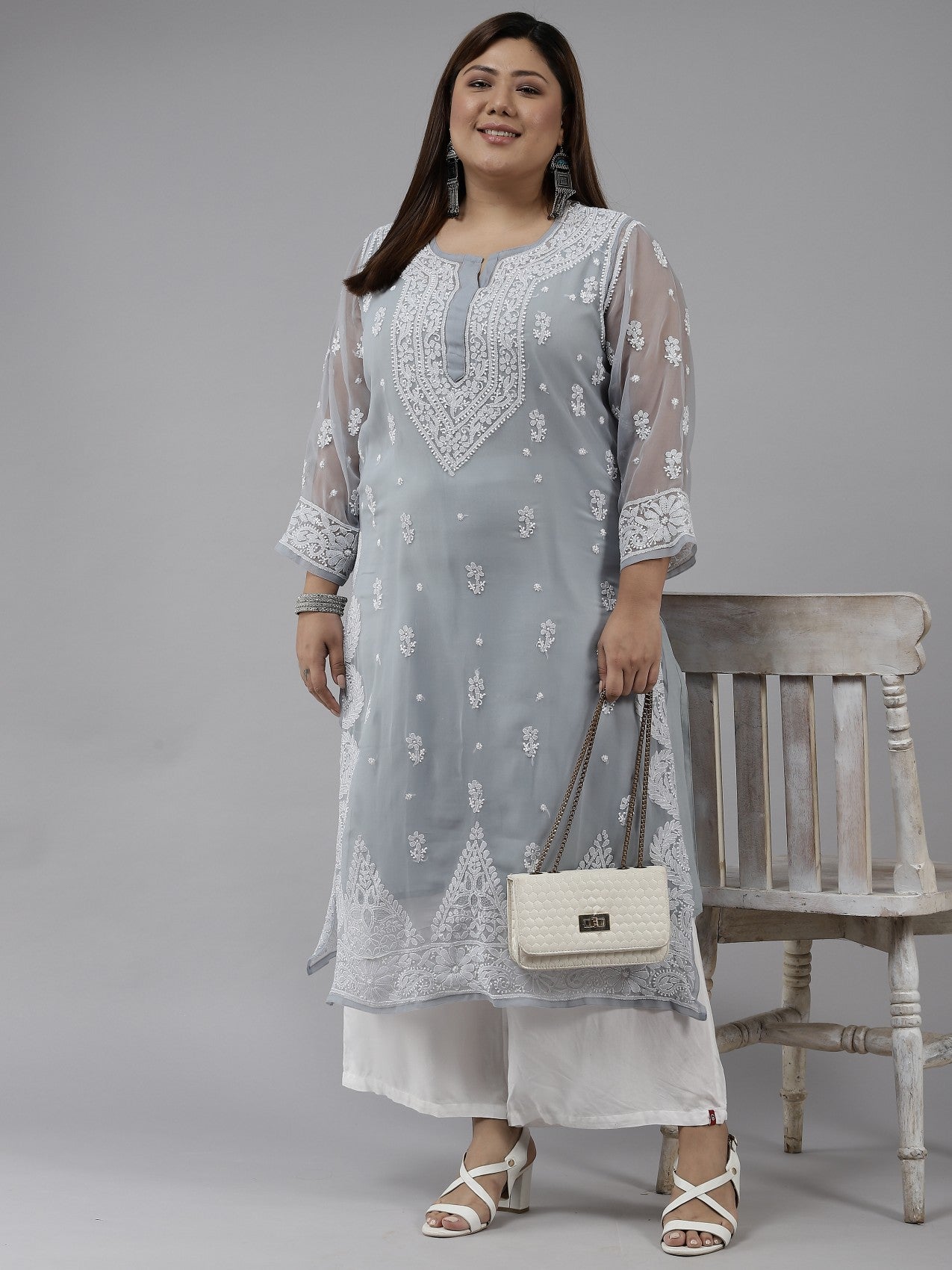 Ada Hand Embroidered Grey Georgette Lucknowi Chikankari Straight Kurta With Slip A411196