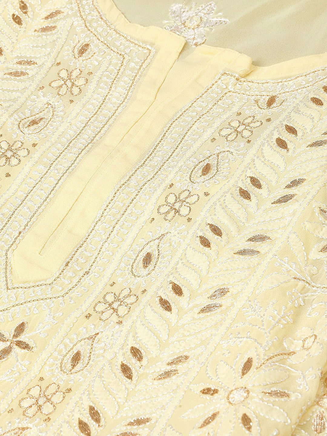 Ada Hand Embroidered Yellow Georgette Lucknowi Chikankari Straight Kurta/Slip with Gota patti Work A411111