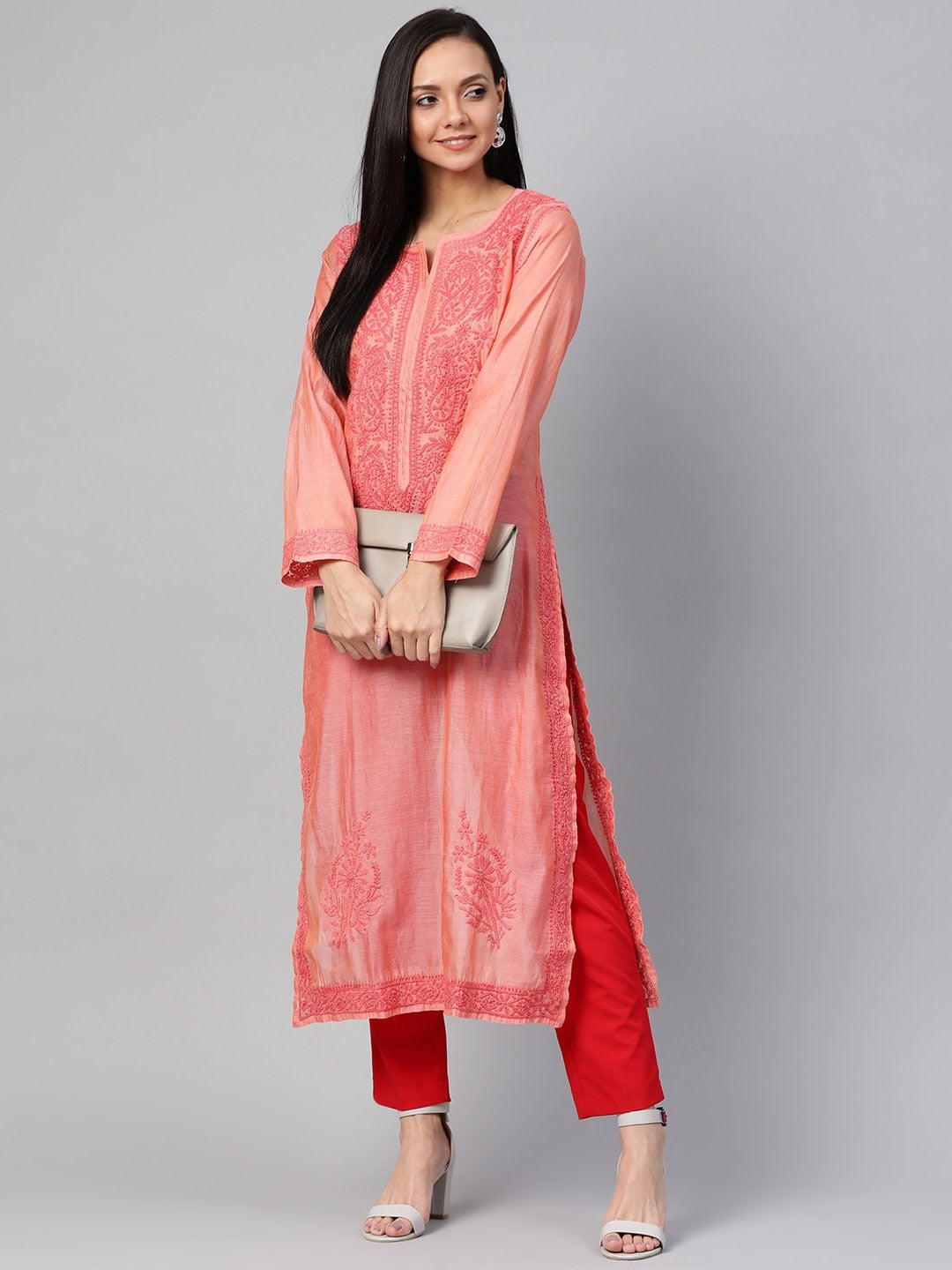 Ada Hand Embroidered Peach Chanderi Lucknowi Chikankari Straight Kurta A100476