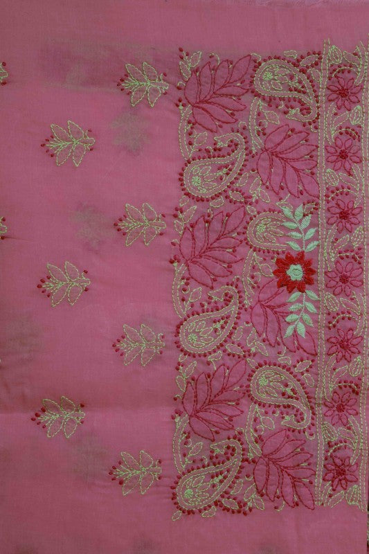 Ada Hand Embroidered Carrot Pink Cotton Lucknowi Chikan Unstitched Suit Piece–A100161