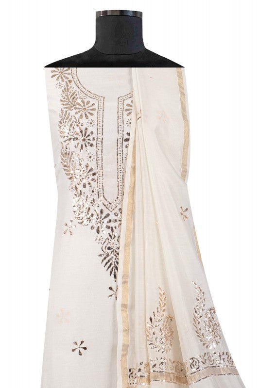 Ada Hand Embroidered White Chanderi Lucknowi Chikankari Unstitched Kurta Dupatta Set With Muqaish Work 01A40918