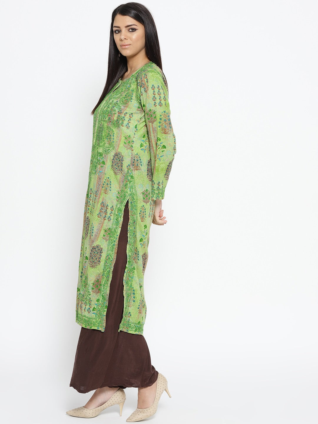Ada Hand Embroidered Green Printed Cotton Chikan Kurta-A100058