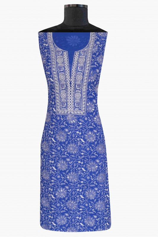 Ada Hand Embroidered Royal Blue Pure Georgette Lucknowi Chikan Unstitched Kurta Dupatta Set With Pearl & Sequinned Work A602319