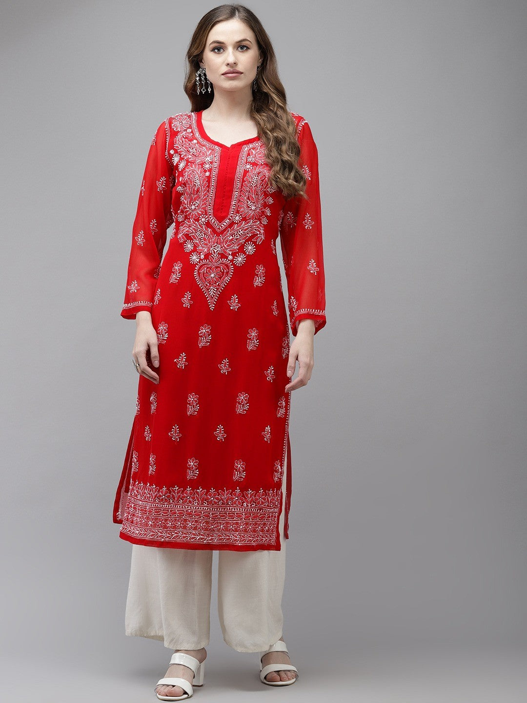 Ada Hand Embroidered Red Georgette Lucknow Chikan Kurta with Slip A411351