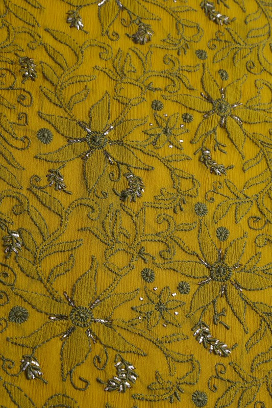 Ada Hand Embroidered Mustard Chiffon Lucknowi Chikan Unstitched Kurta Dupatta Set With Muqaish Work  A489066