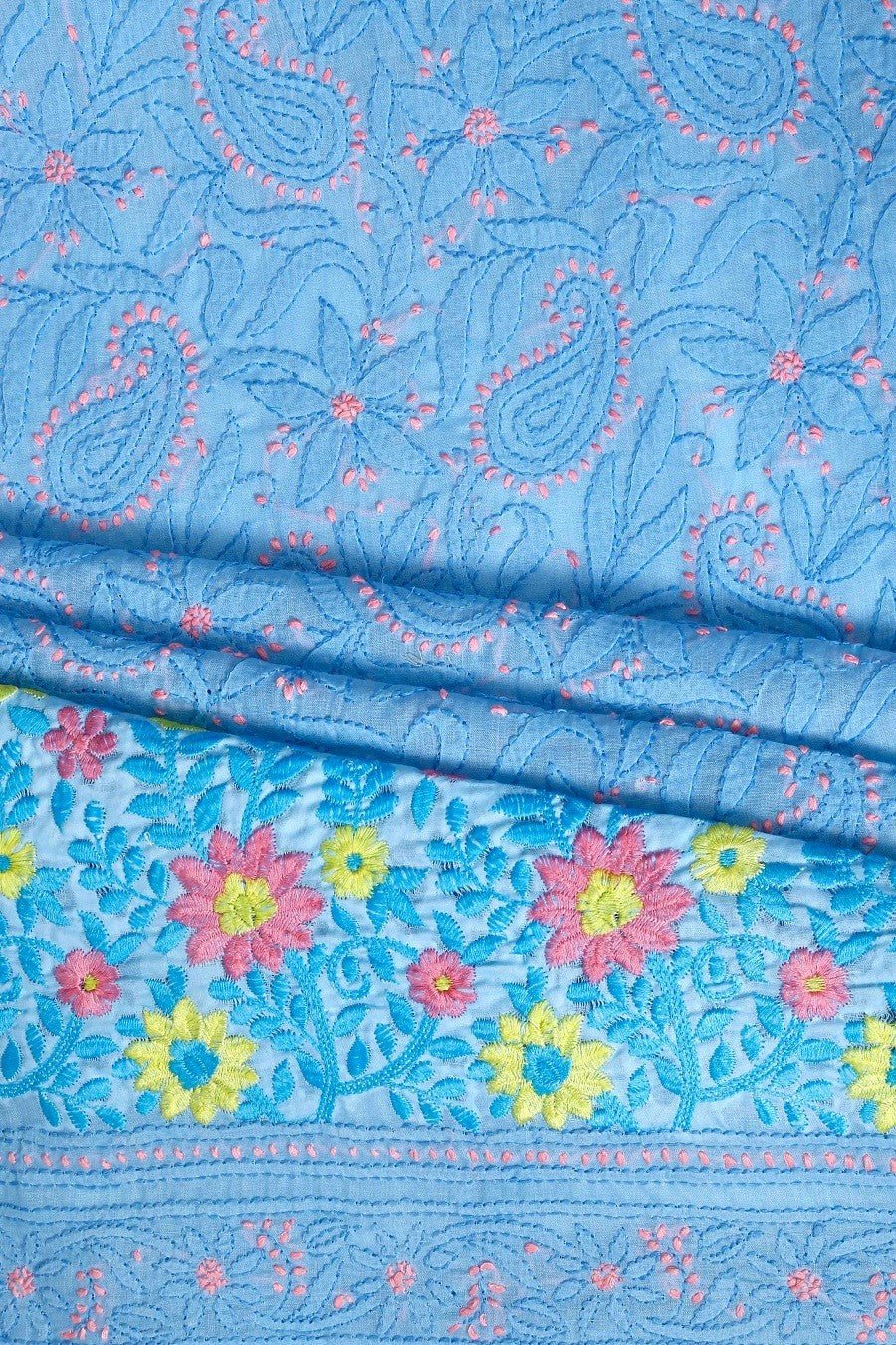 Ada Hand Embroidered Blue Cotton Lucknowi Chikan Unstitched Suit Piece-A100166