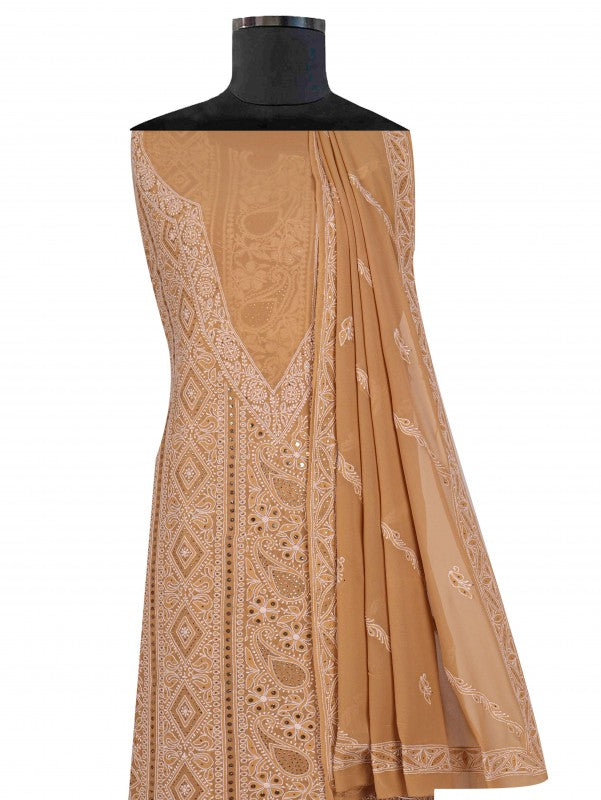 Ada Hand Embroidered Dark Fawn Pure Georgette Lucknowi Chikan Unstitched Kurta Dupatta Set with Muqaish Work A501817