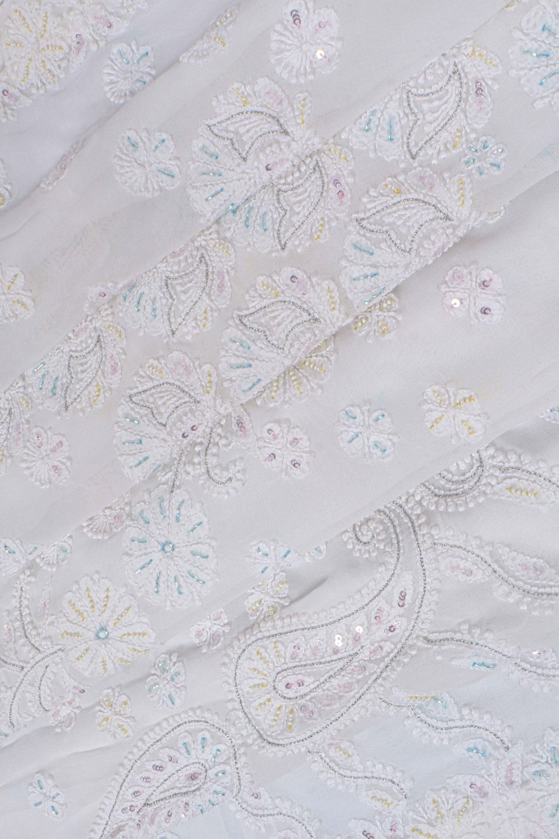 Ada Hand Embroidered White Georgette Lucknowi Chikankari Saree/Blouse With Cutdana Work 01A147431