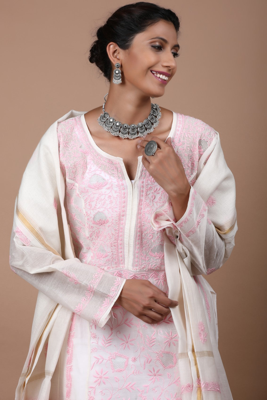 Ada Hand Embroidered Cream Chanderi Lucknowi Chikankari Semi-Stitched Anarkali Kurta Dupatta Set With Zari Work 01A268032