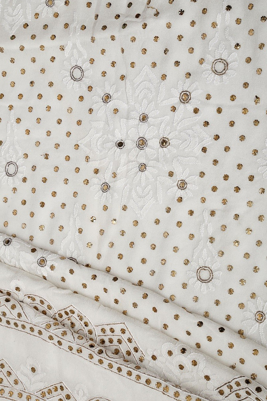 Ada Hand Embroidered White Pure Georgette Lucknowi Chikankari Unstitched Kurta Dupatta Set With Muqaish Work A414396
