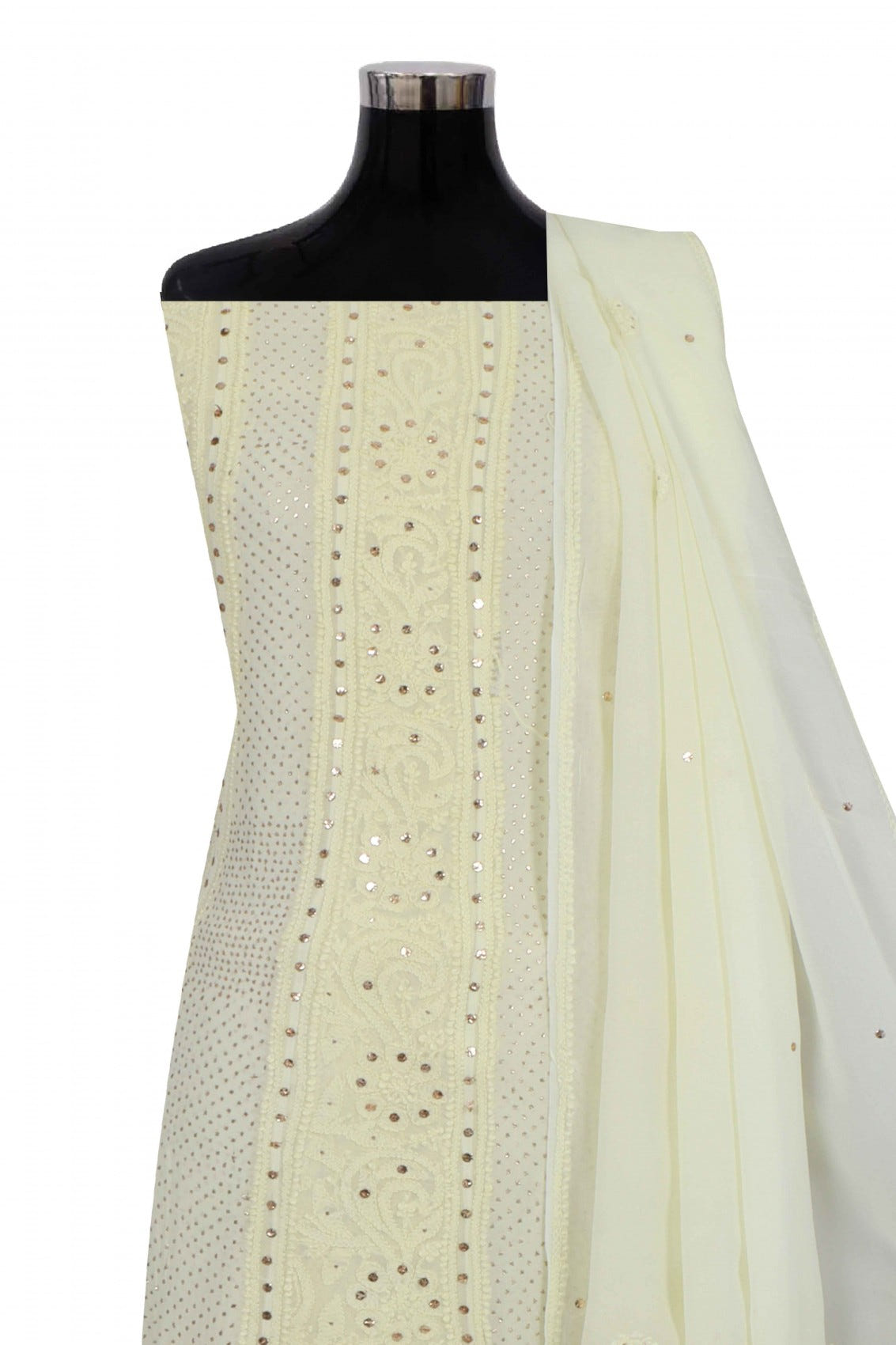 Ada Hand Embroidered Lemon Georgette Lucknowi Chikankari Semi-Stitched Anarkali Kurta Dupatta Set With Muqaish Work 01A132754