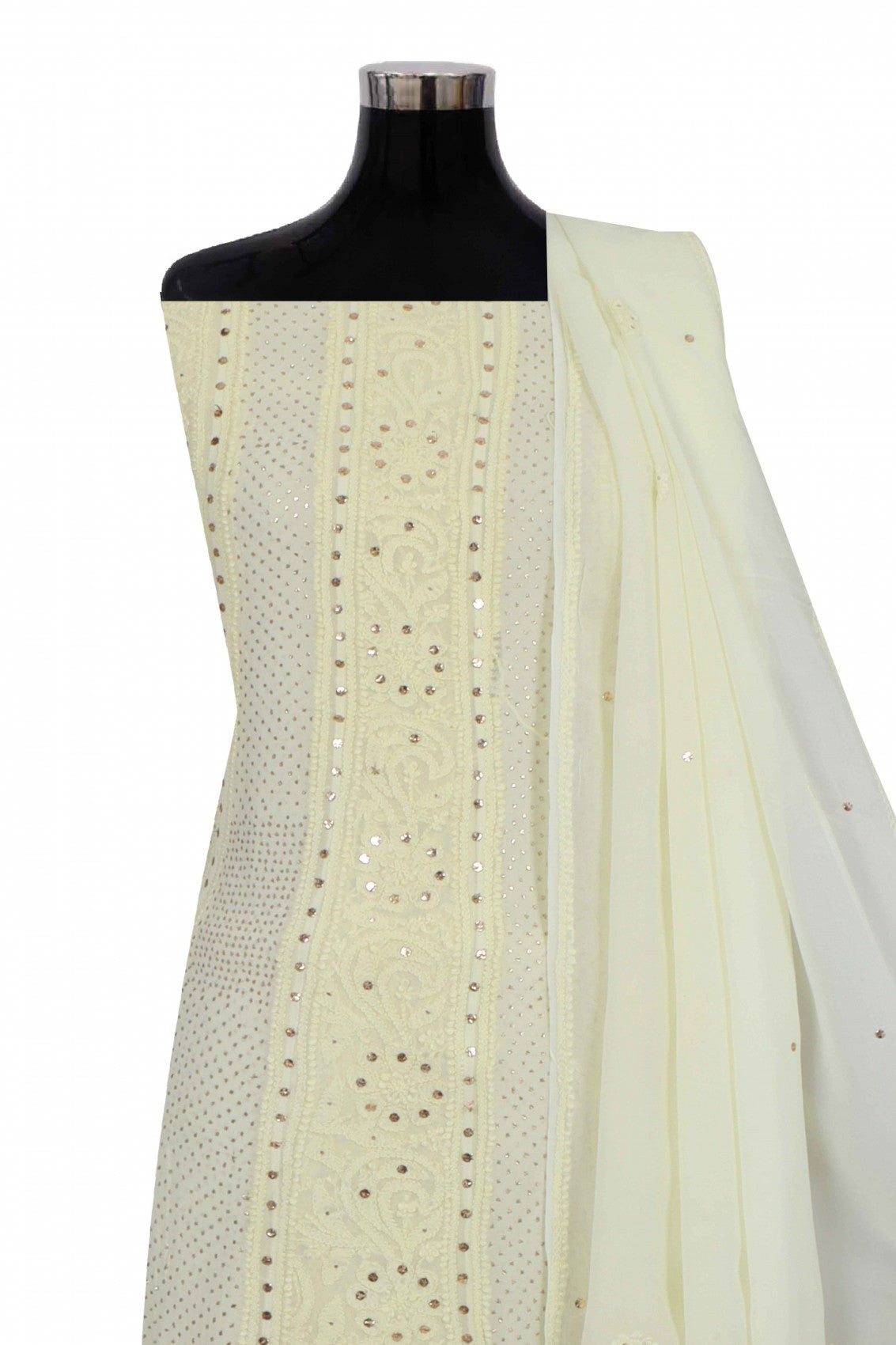 Ada Hand Embroidered Lemon Georgette Lucknowi Chikankari Semi-Stitched Anarkali Kurta Dupatta Set With Muqaish Work 01A132754