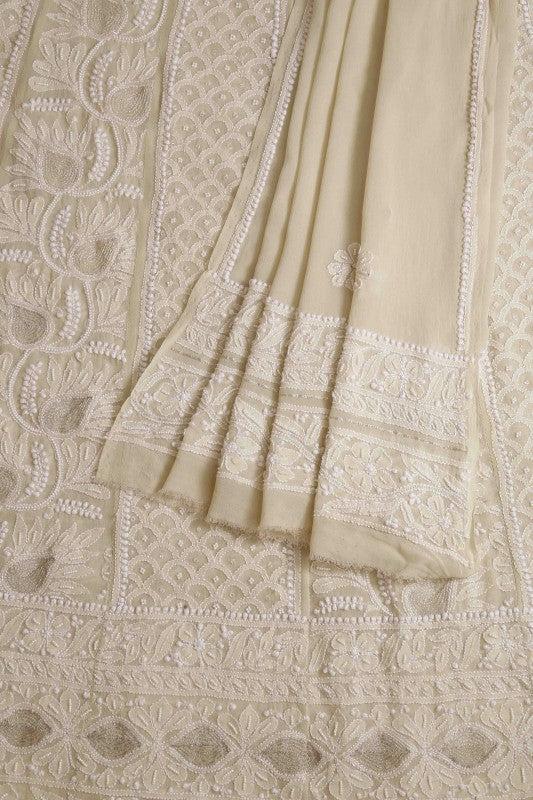 Ada Hand Embroidered Pale Yellow Pure Georgette Semi-stitched Anarkali Kurta Dupatta With Pearl Work - A468460