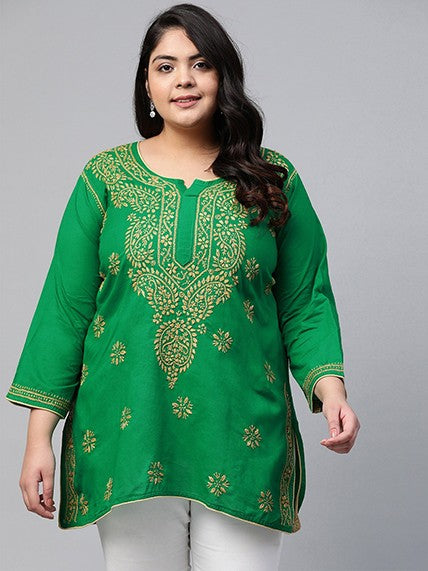 Ada Hand Embroidered Green Cotton Lucknowi Chikankari Straight Kurti A250627