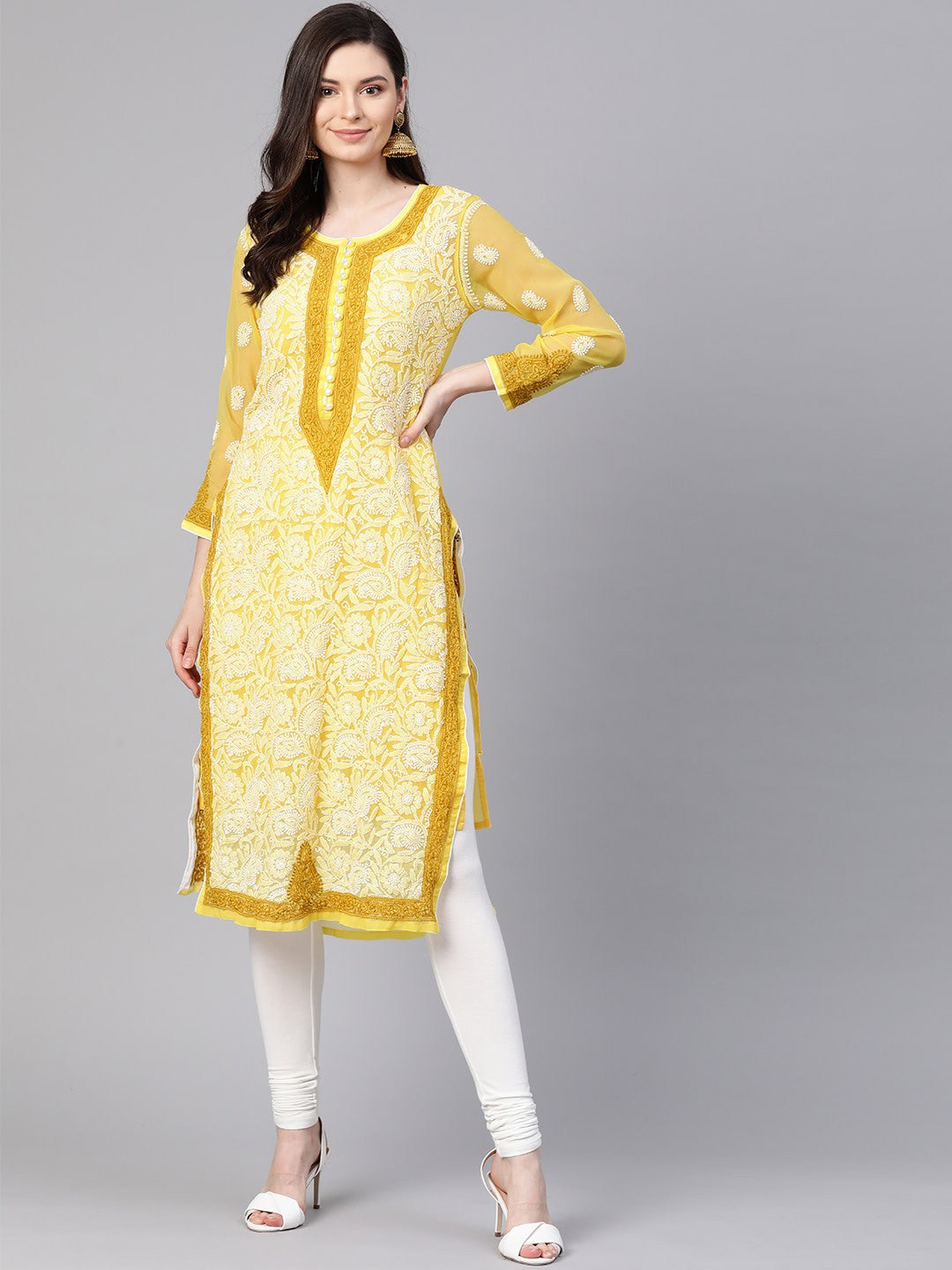 Ada Hand Embroidered Yellow Georgette Lucknow Chikankari Straight Kurti with Slip A100377