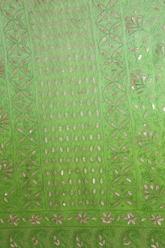 Ada Hand Embroidered Parrot Green Shaded Georgette Lucknowi Chikan Unstitched Kurta Dupatta Set with Gota Patti Work A480891