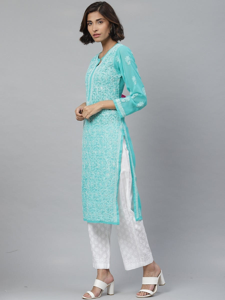 Ada Hand Embroidered Sea Green Georgette Lucknowi Chikankari Kurta With Palazzo A811127