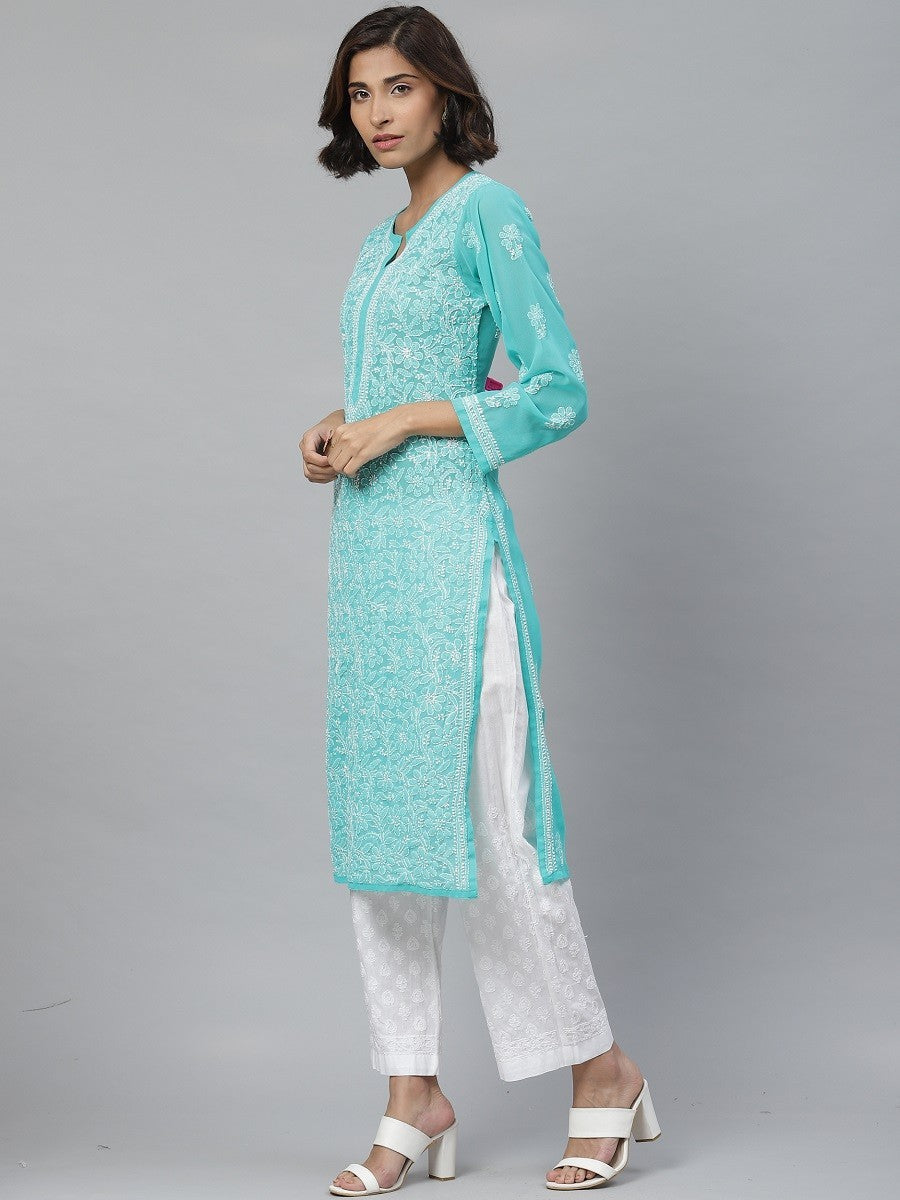 Ada Hand Embroidered Sea Green Georgette Lucknowi Chikankari Kurta With Palazzo A811127