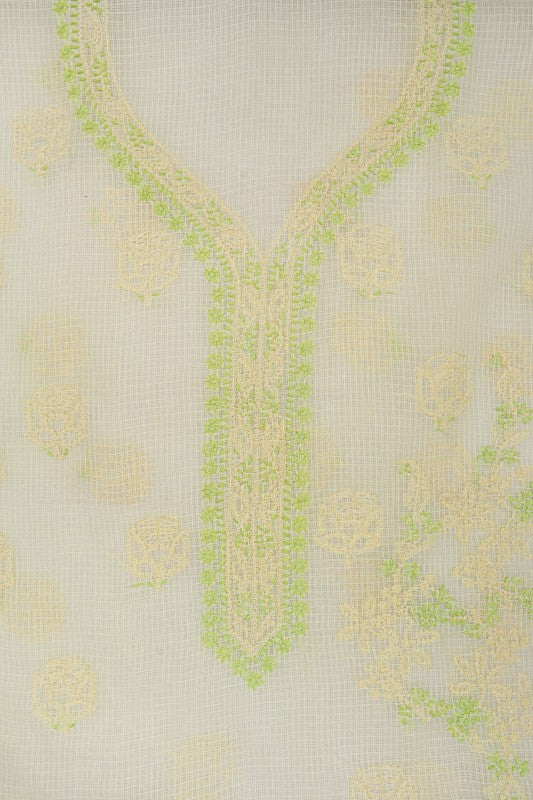 Ada Hand Embroidered Lemon Kota Lucknowi Chikan Unstitched Kurta Dupatta Set A596934