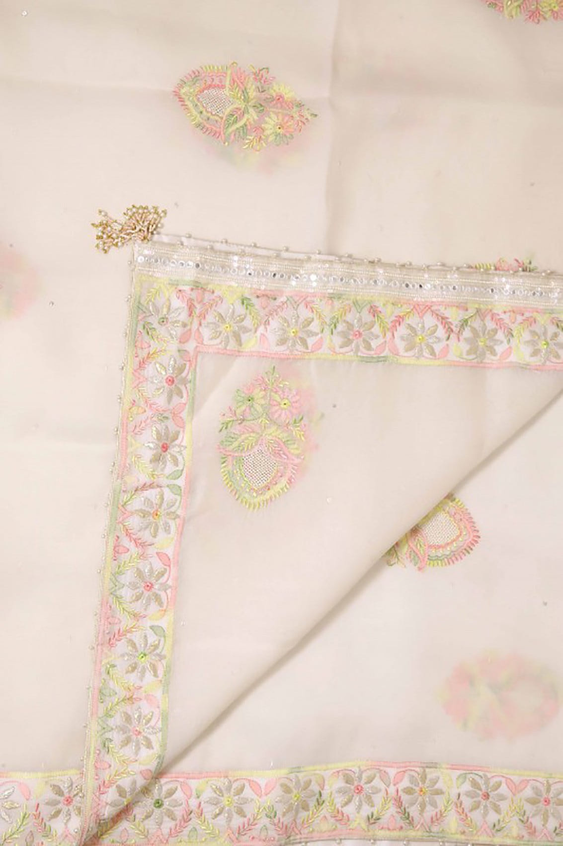 Ada Hand Embroidered Off White Organza Lucknowi Chikankari Dupatta With Gota Patti Work A600707