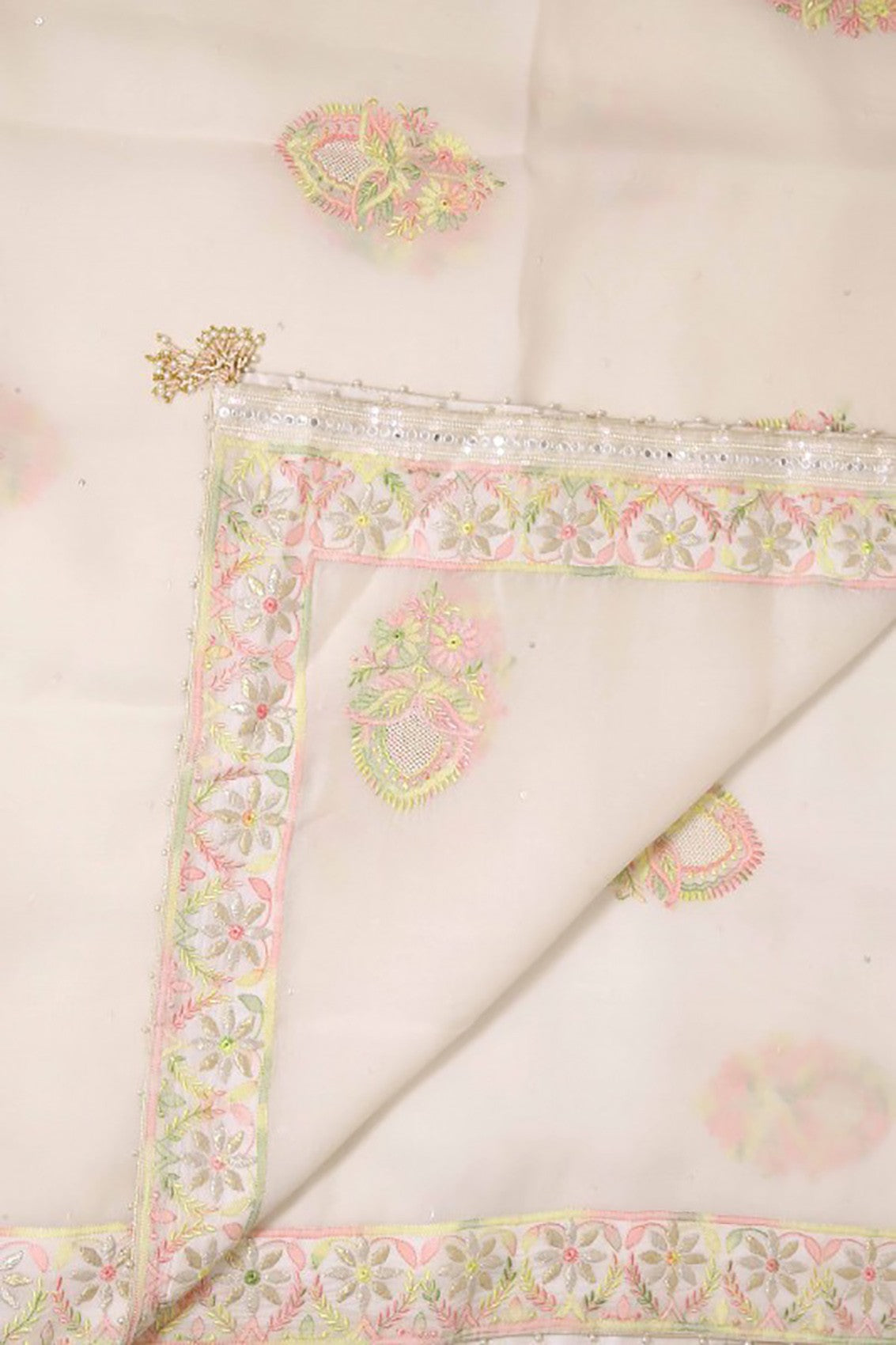 Ada Hand Embroidered Off White Organza Lucknowi Chikankari Dupatta With Gota Patti Work A600707