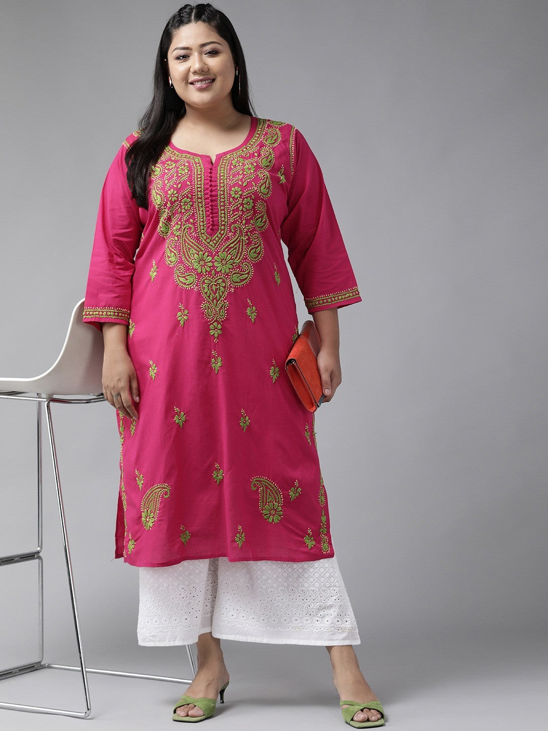 Ada Hand Embroidered Magenta Cotton Lucknowi Chikankari Kurta A223842