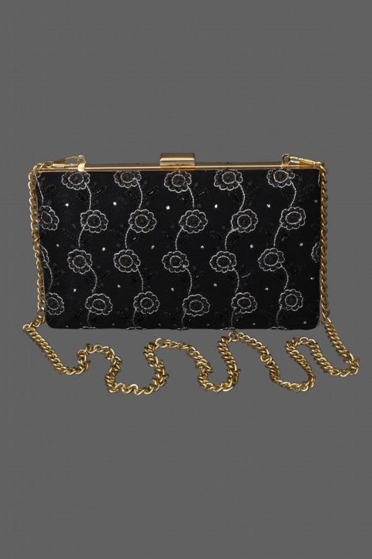 Ada Hand Embroidered Black Pure Georgette Lucknow Chikankari Clutch With Muqaish Work-A605998