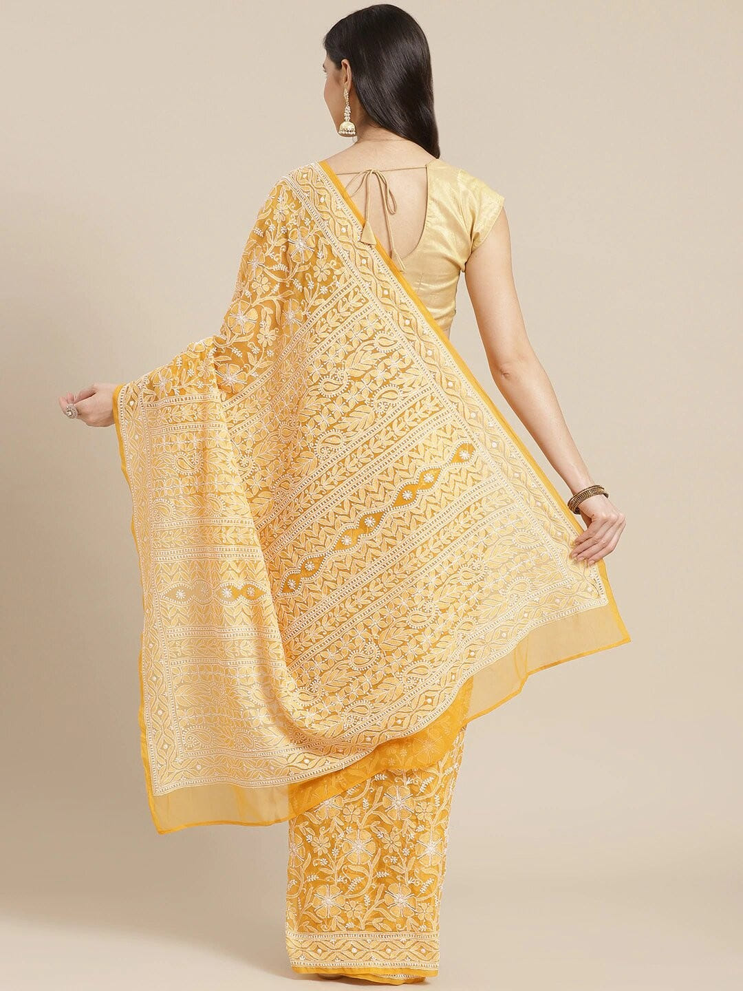 Ada Hand Embroidered Mustard Georgette Lucknow Chikan Saree With Blouse- A311308