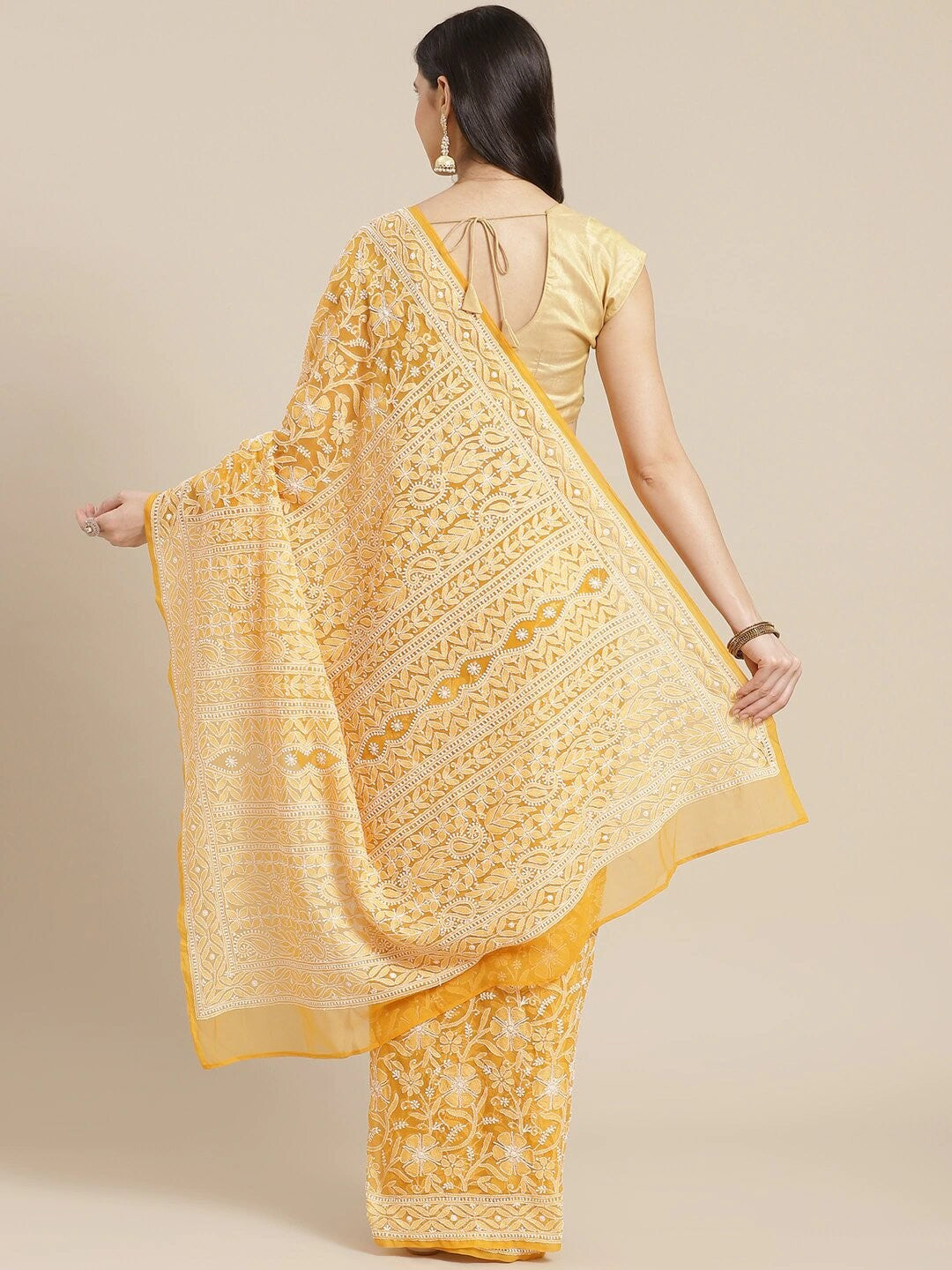 Ada Hand Embroidered Mustard Georgette Lucknow Chikan Saree With Blouse- A311308