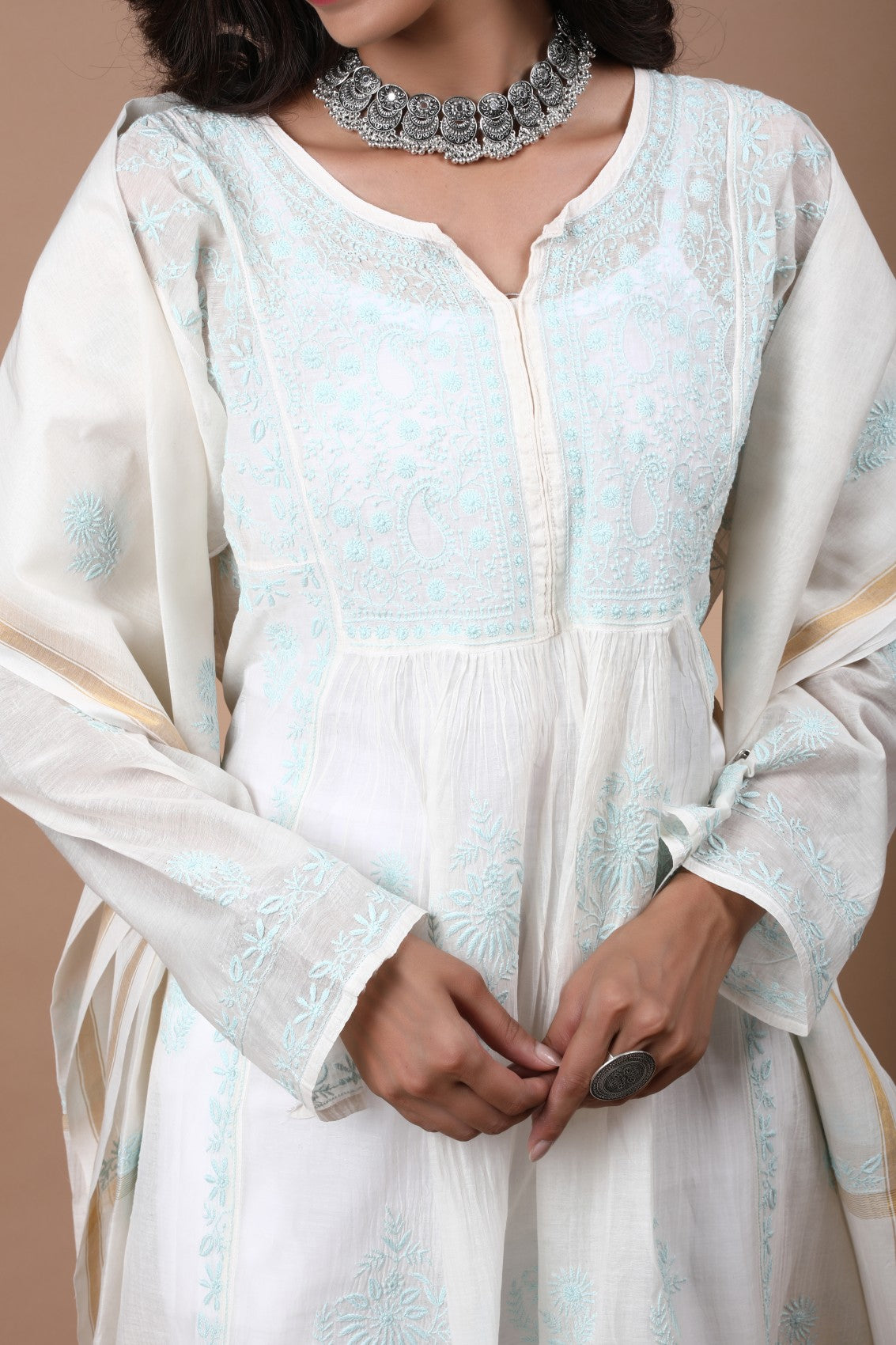 Ada Hand Embroidered Cream Chanderi Lucknowi Chikankari Semi-stitched Anarkali Kurta Dupatta Set 01A268037