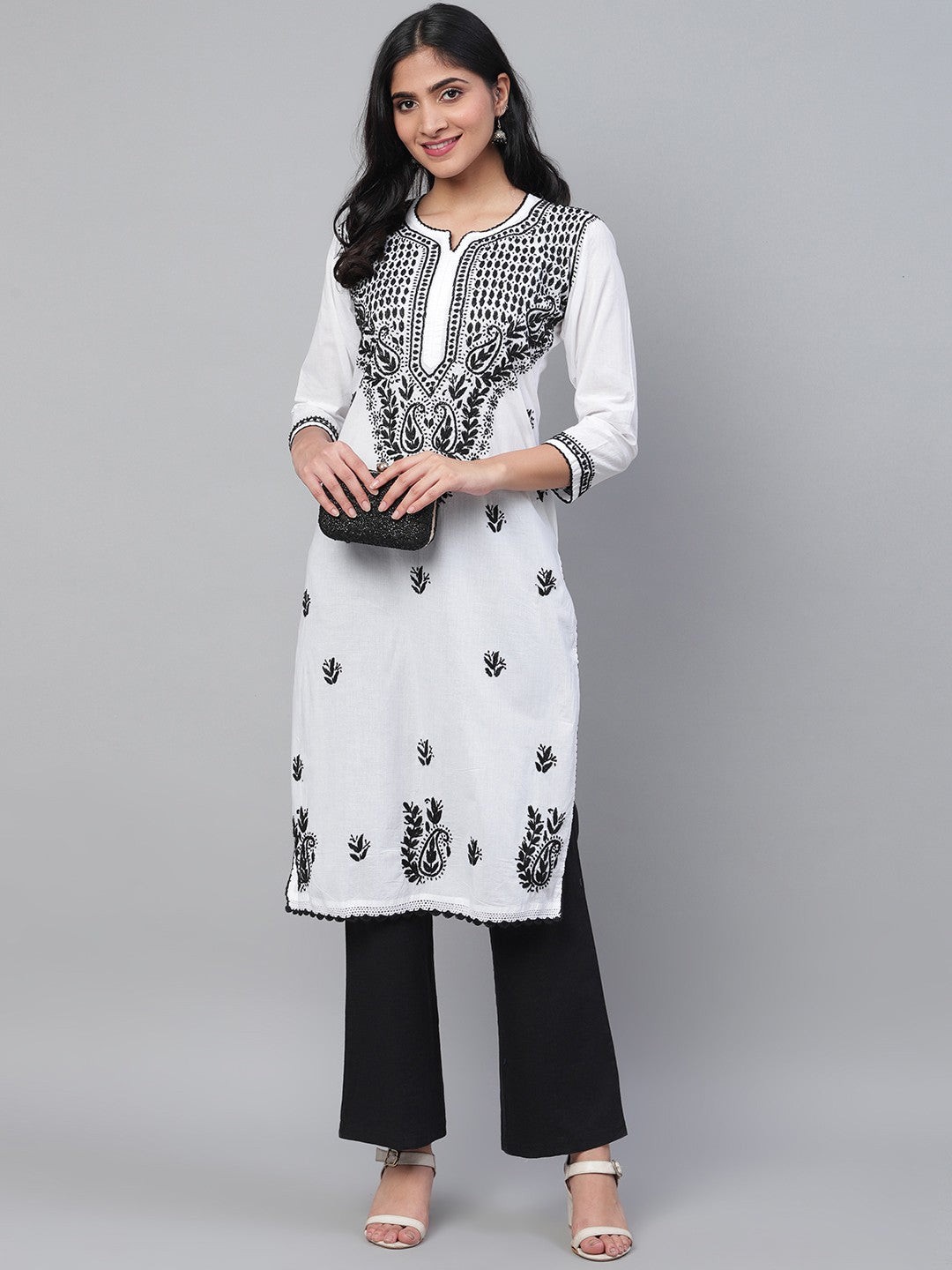 Ada Hand Embroidered White Cotton Lucknowi Chikankari Kurta A100592
